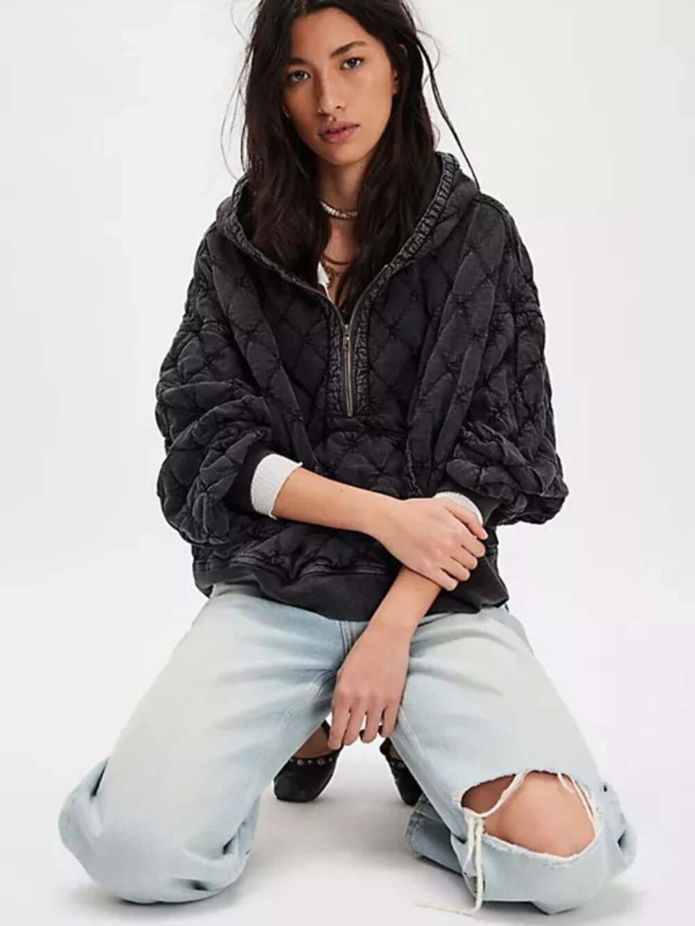 Free People FP One Aria Zip Hoodie Black Long Sleeve Quilted Relaxed L